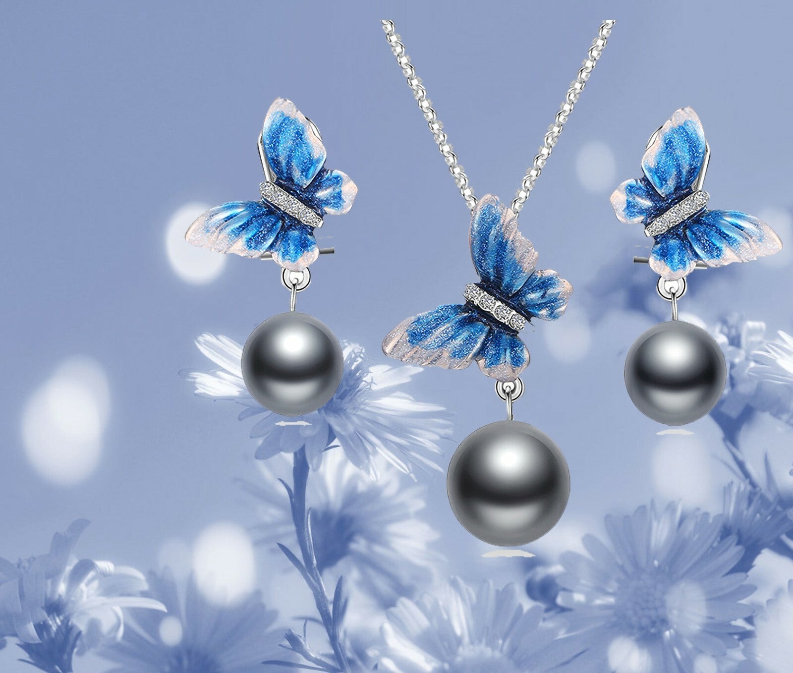 Women's Butterfly Love Set of Earrings Necklace Pearl 14k white gold plated
