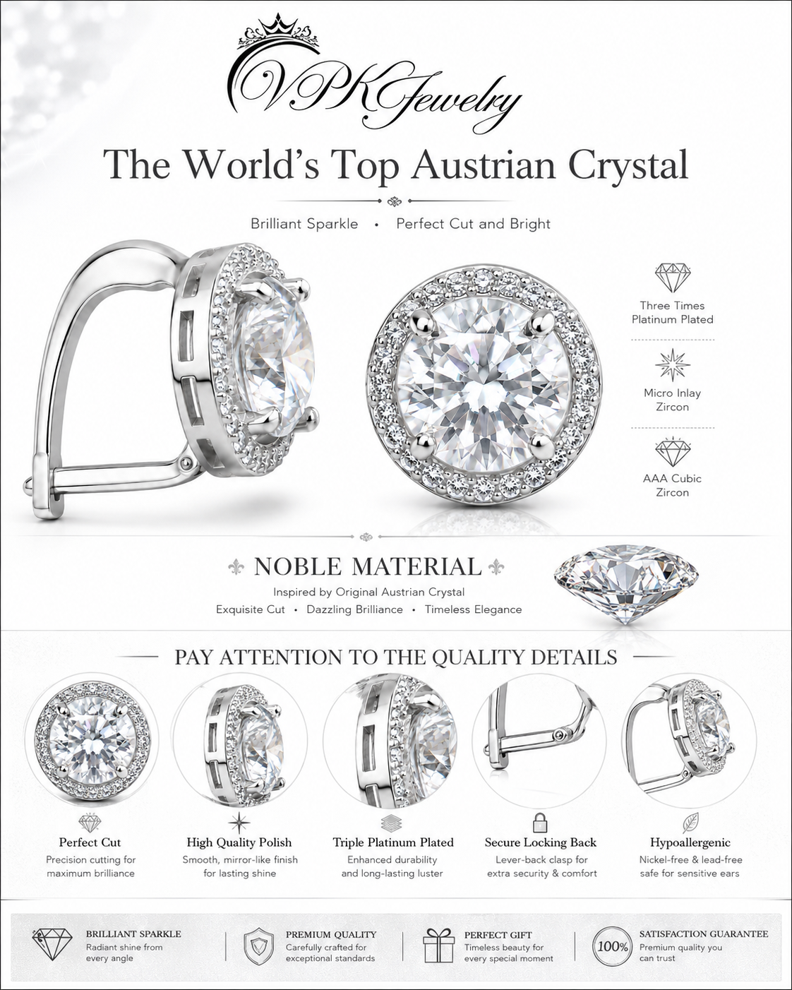 VPKJewelry Women's 18K White or Yellow Gold-Plated Russian Back Earrings - Cubic Zirconia CZ