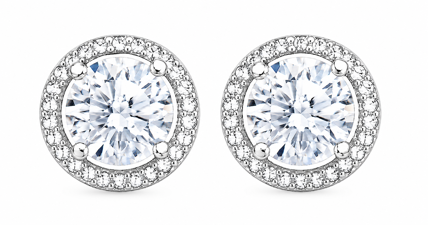 Pair of round diamond earrings on a white background
