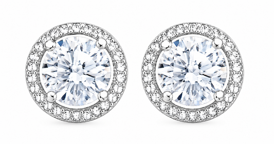 Pair of round diamond earrings on a white background
