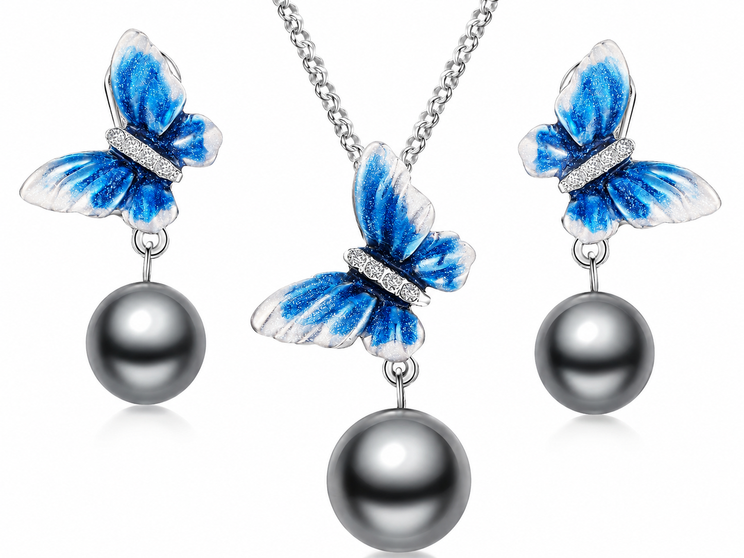 VPKJewelry Butterfly Love Set – Earrings & Necklace with Pearl, 14K White Gold‑Plated (Women’s Jewelry Set)