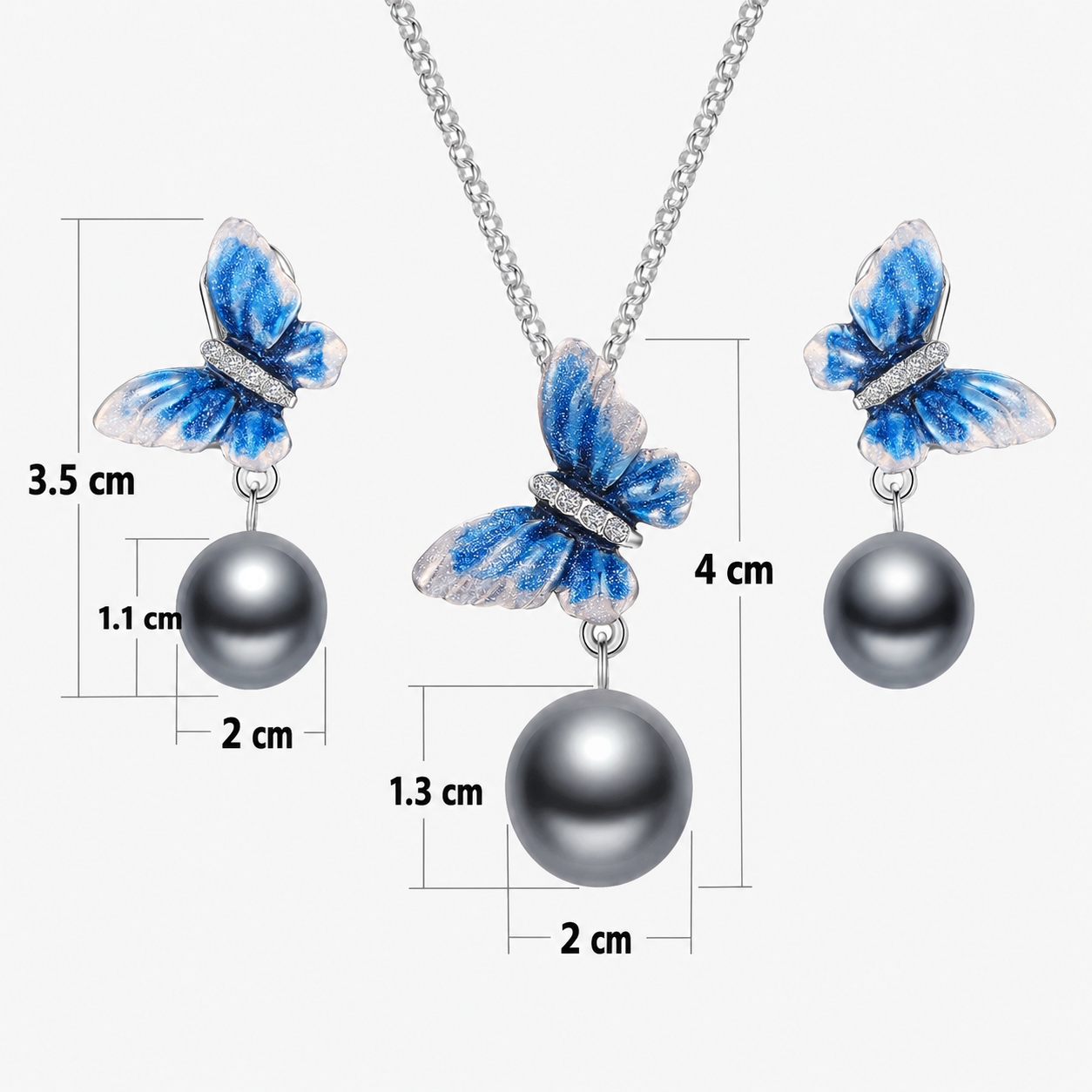 VPKJewelry Butterfly Love Set – Earrings & Necklace with Pearl, 14K White Gold‑Plated (Women’s Jewelry Set)
