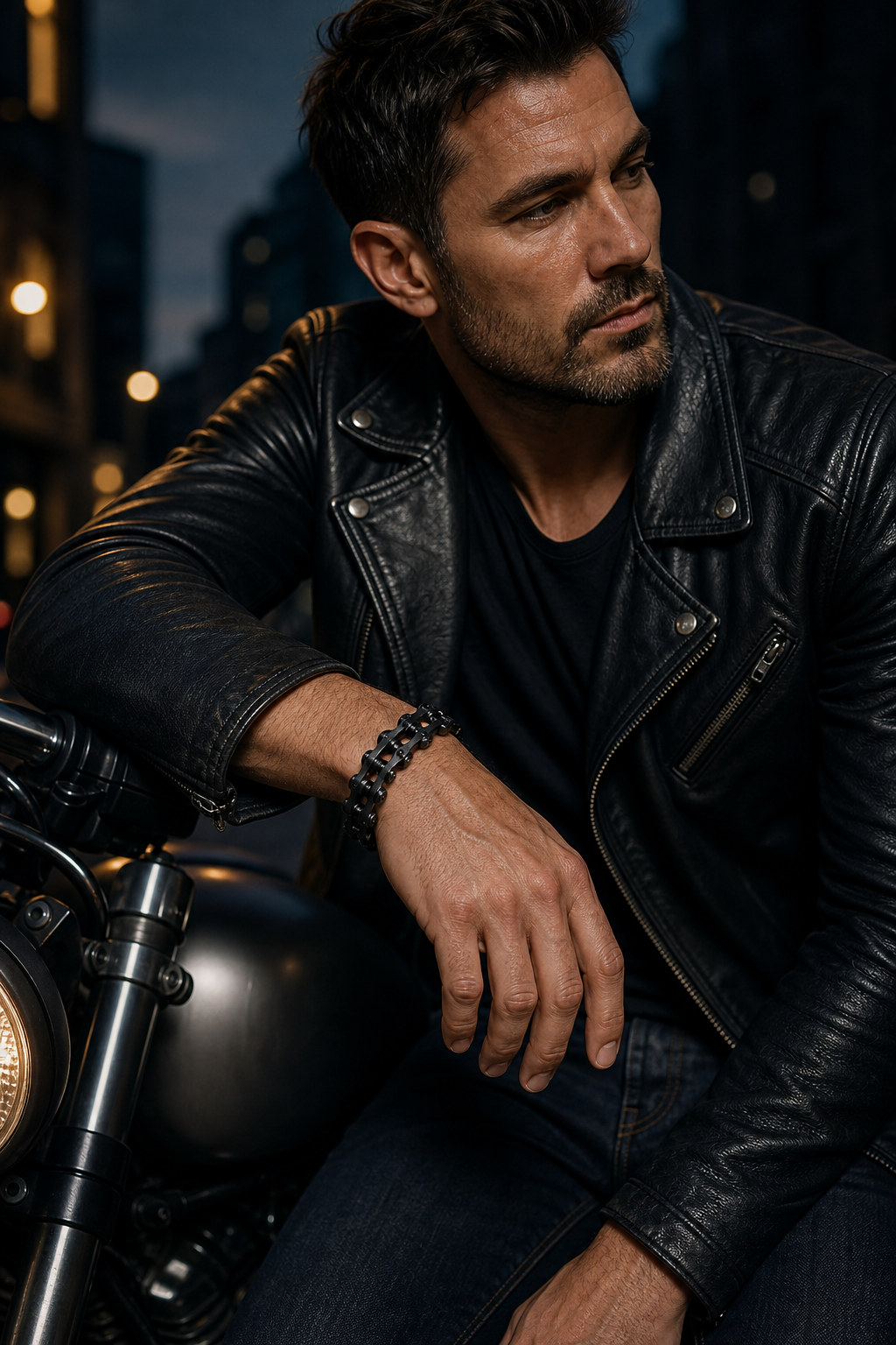 VPKJewelry motorcycle biker bracelet lifestyle image - black bracelet worn by man with motorcycle