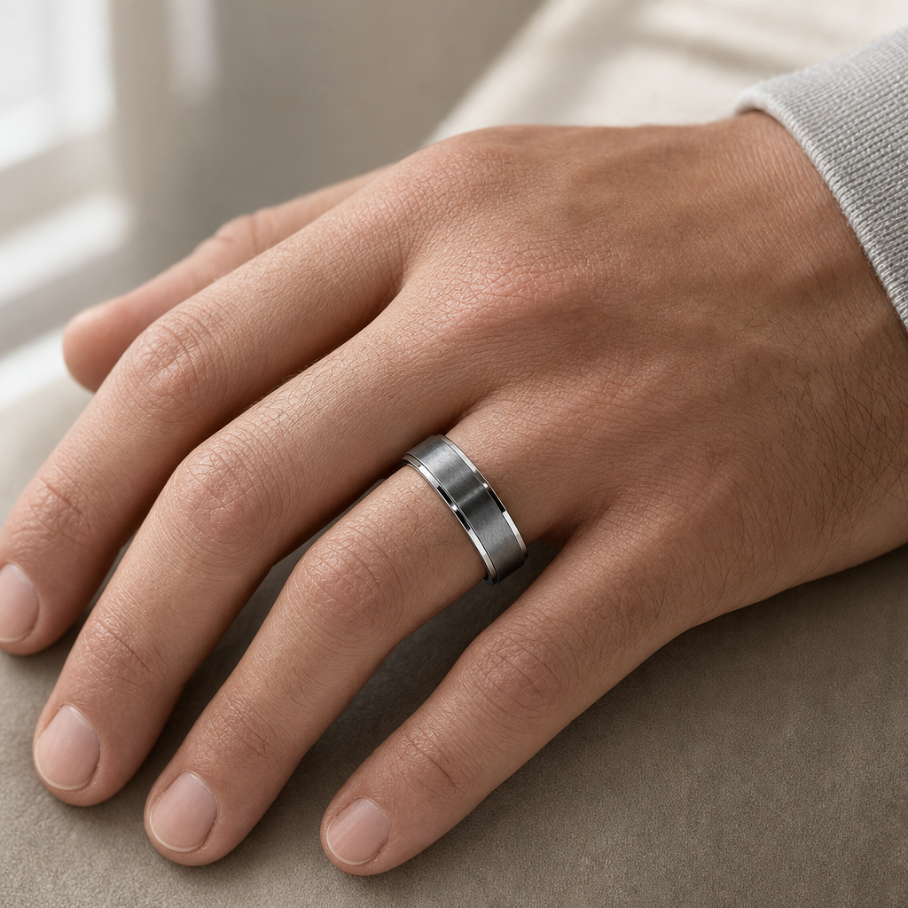 VPKJewelry brushed tungsten carbide wedding band worn on hand model