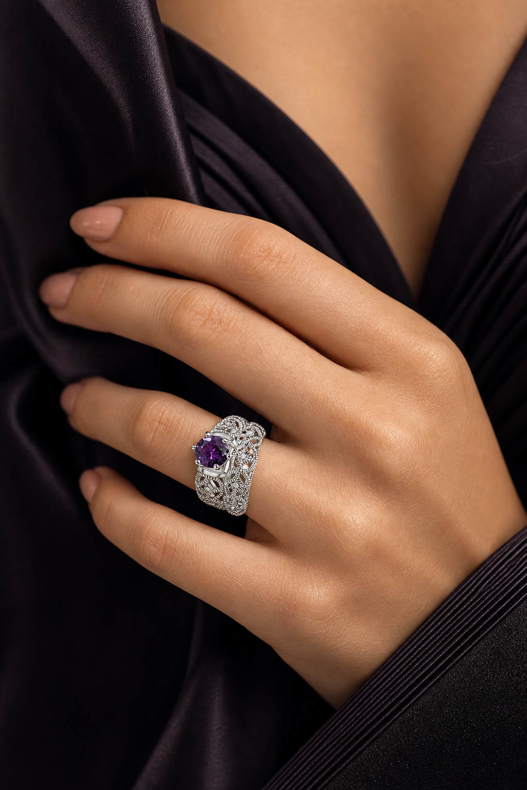VPKJewelry Austrian Crystal CZ Amethyst silver ring - model lifestyle image 2