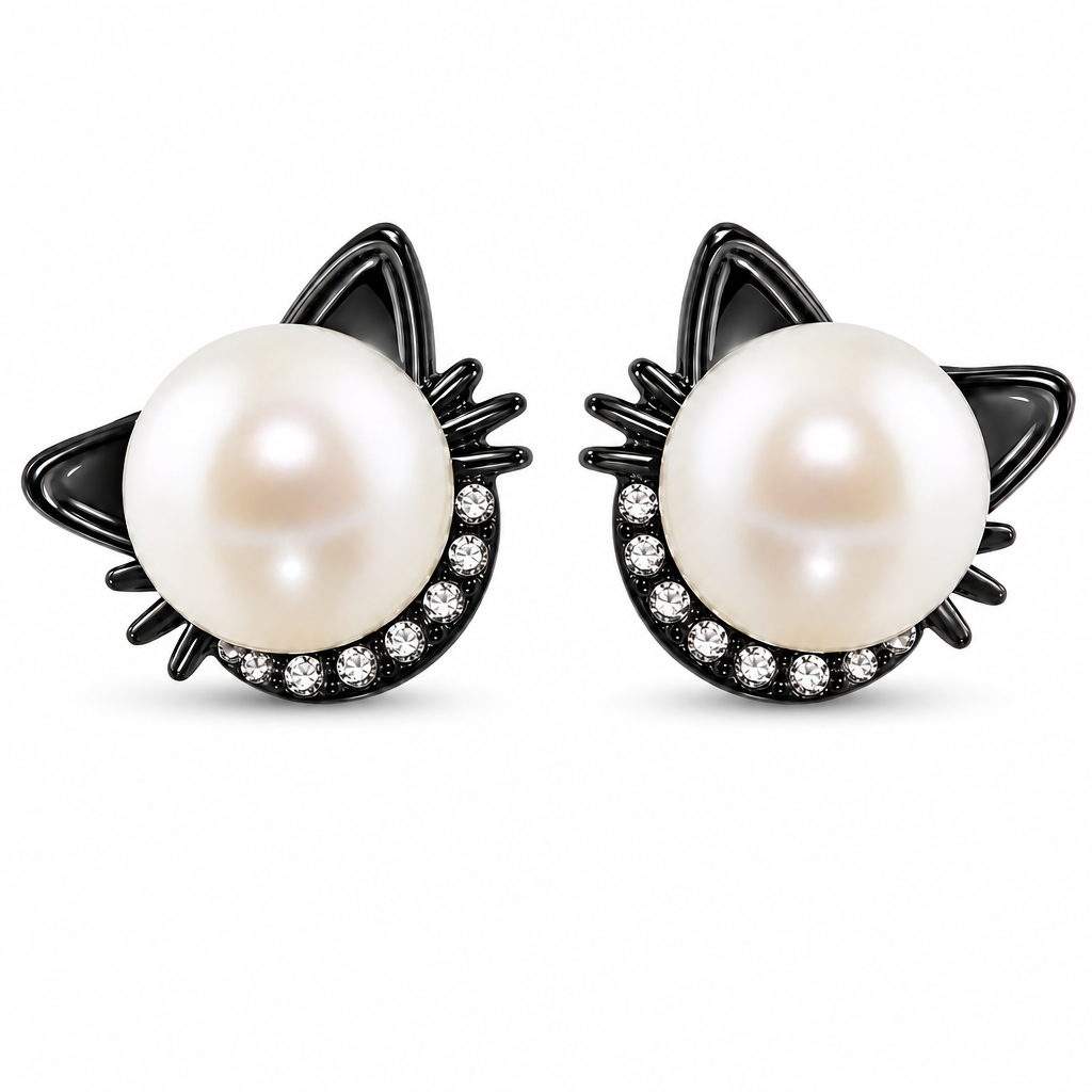 VPKJewelry 925 Sterling Silver Cat Stud Earrings - Black