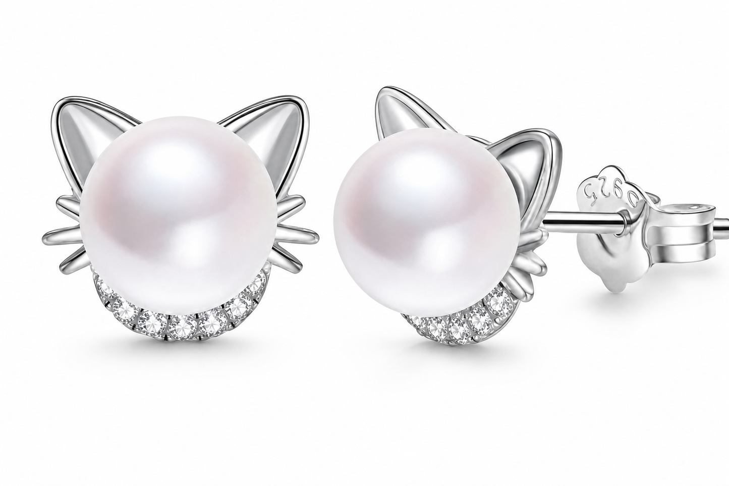 VPKJewelry silver cat pearl stud earrings close-up