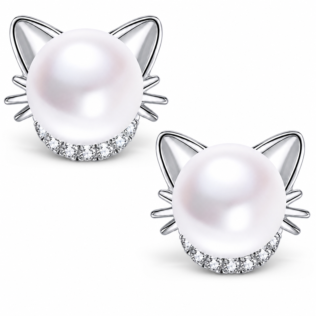 VPKJewelry 925 Sterling Silver Cat Stud Earrings - White