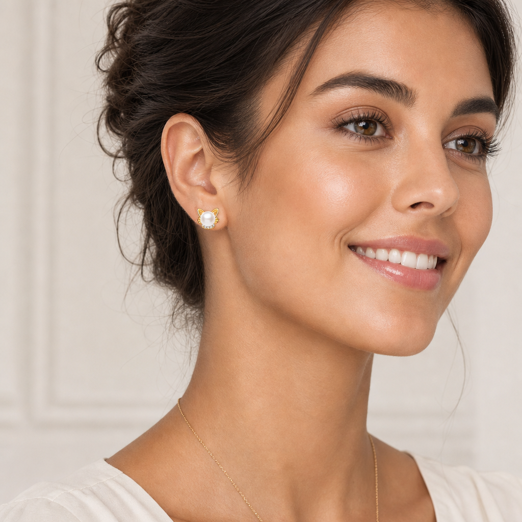 VPKJewelry gold cat pearl earring on cheerful model