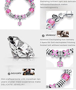 VPKJewelry Charm Bracelet Chain Austrian Crystal and Murano Glass Pink Flowers Bead Silver Plated