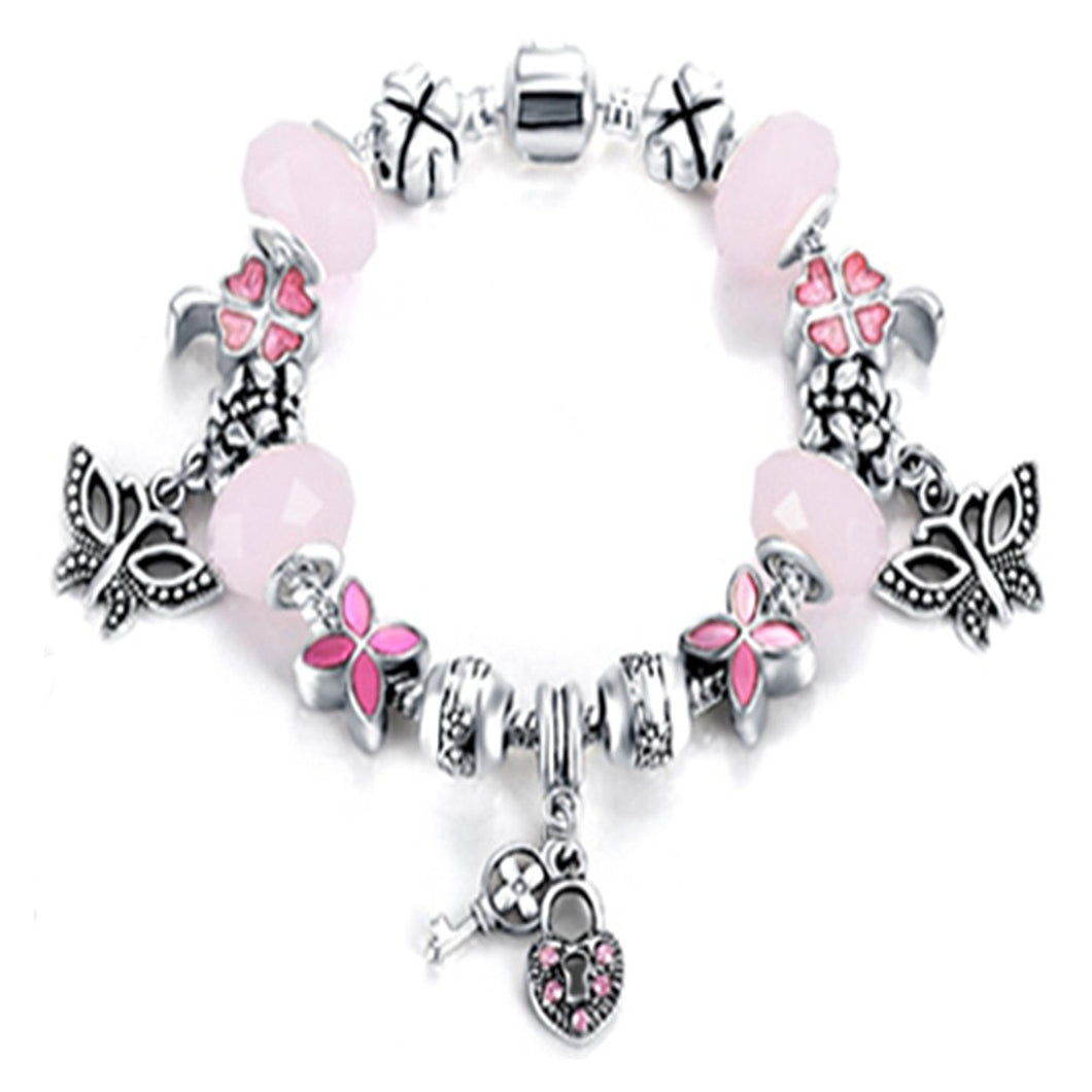 VPKJewelry Lock Key Butterfly Murano and Austrian Crystal Charm Bracelet Beads Chain Silver Plated