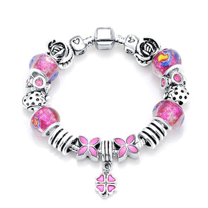VPKJewelry Charm Bracelet Chain Austrian Crystal and Murano Glass Pink Flowers Bead Silver Plated