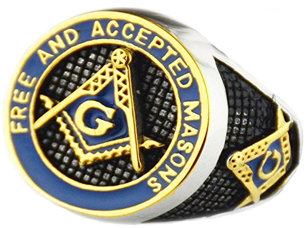 VPKJewelry Mens F. & A.M. Masonic Mason Blue Enamel Gold Plated Polished Stainless Steel rings sz 7.5-14.5