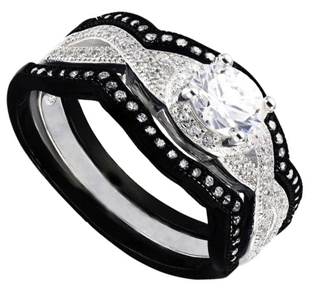 VPKJewelry 3.60 ct Real 925 Silver Wedding Engagement 3pc set Black White Ring Women Ladies (11.5)